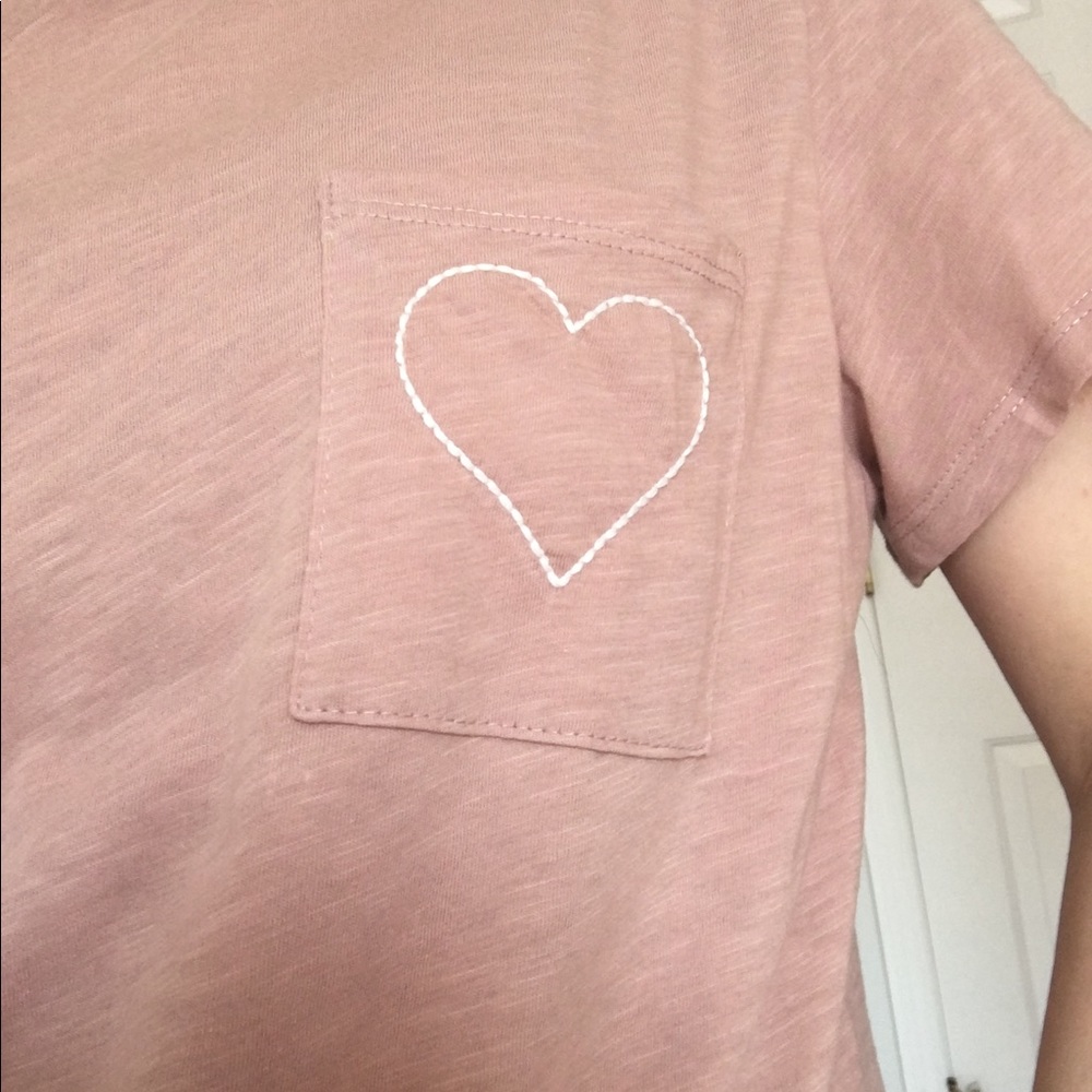 BELOVED - Dusty Pink Heart Embroidered With A Front Pocket Casual T-Shirt Tee - Picture 6 of 7